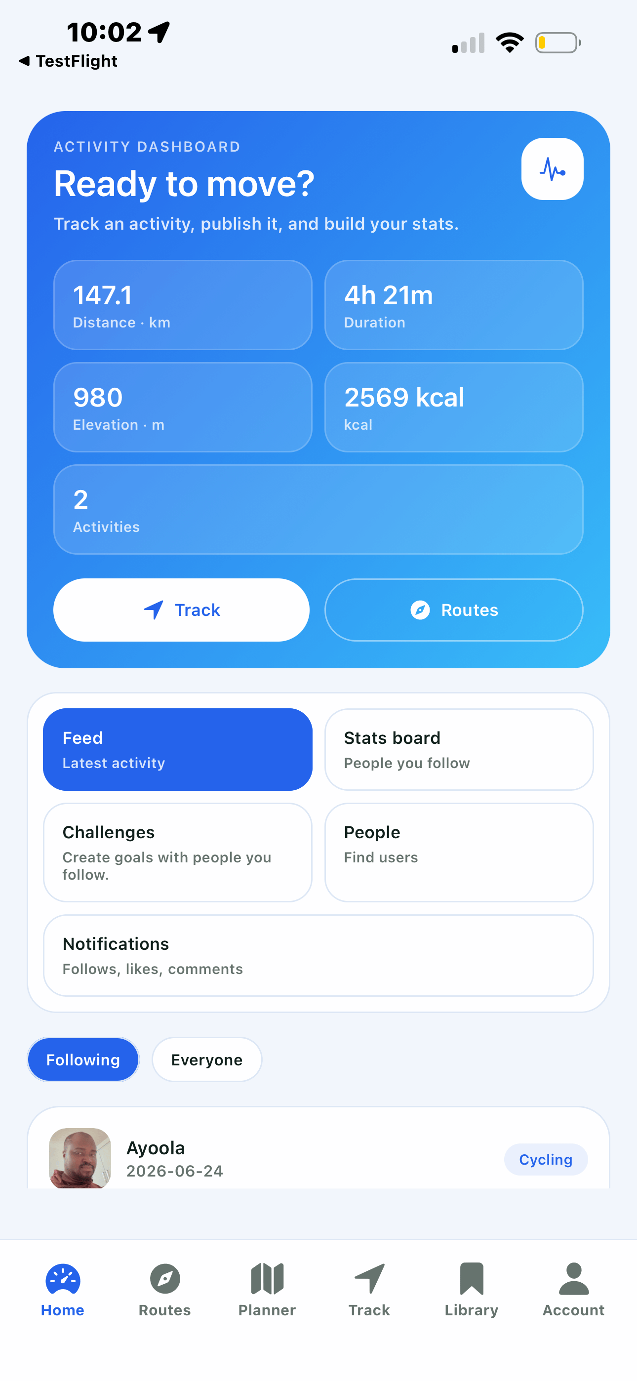 WalkRideGo mobile activity dashboard